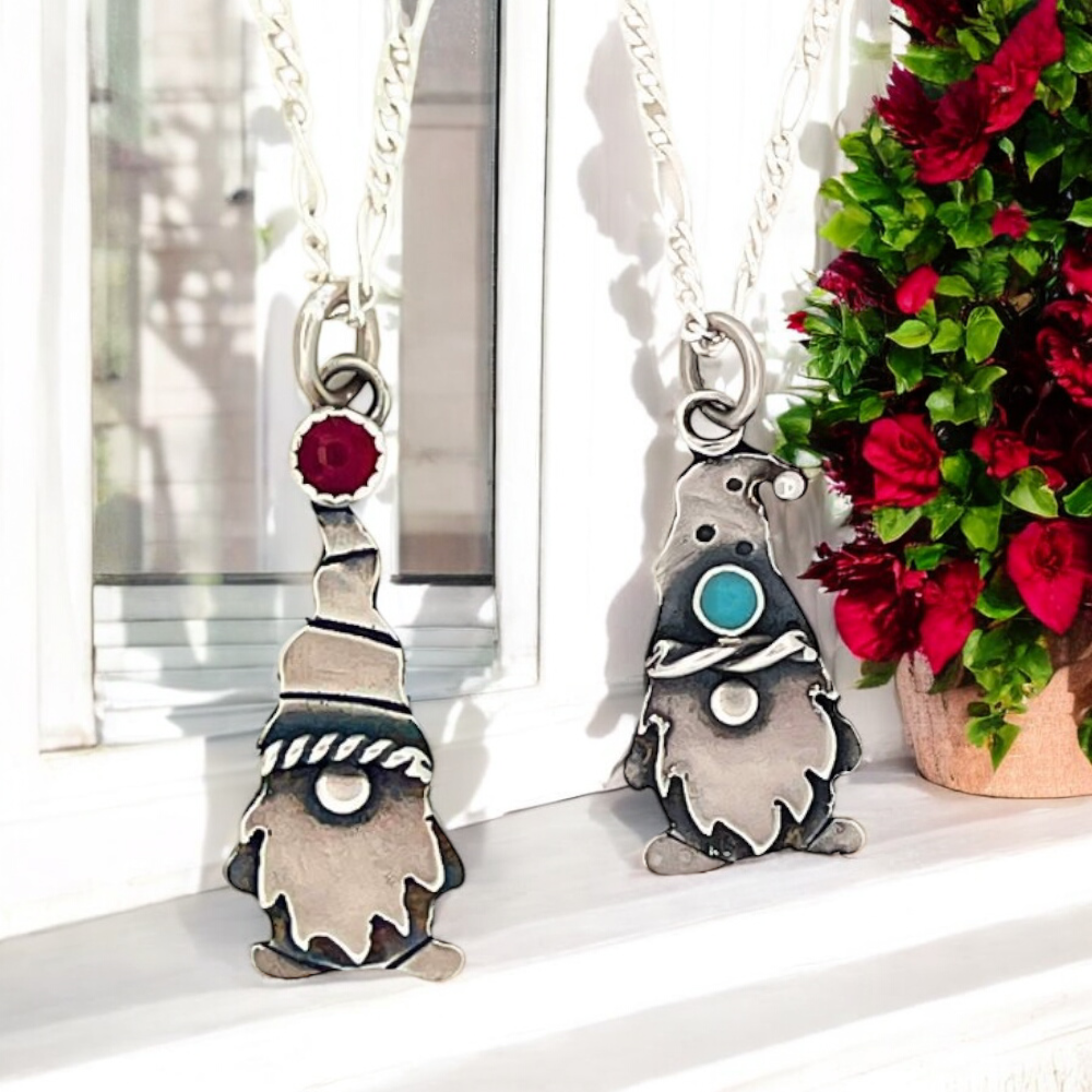 two silver gnome pendant necklaces with gemstones