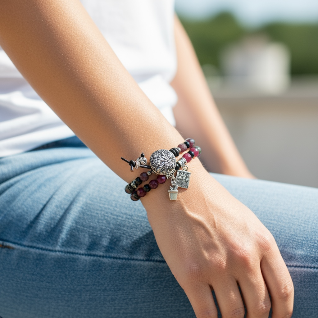 Person wearing a bracelet with charms on a blurred outdoor background