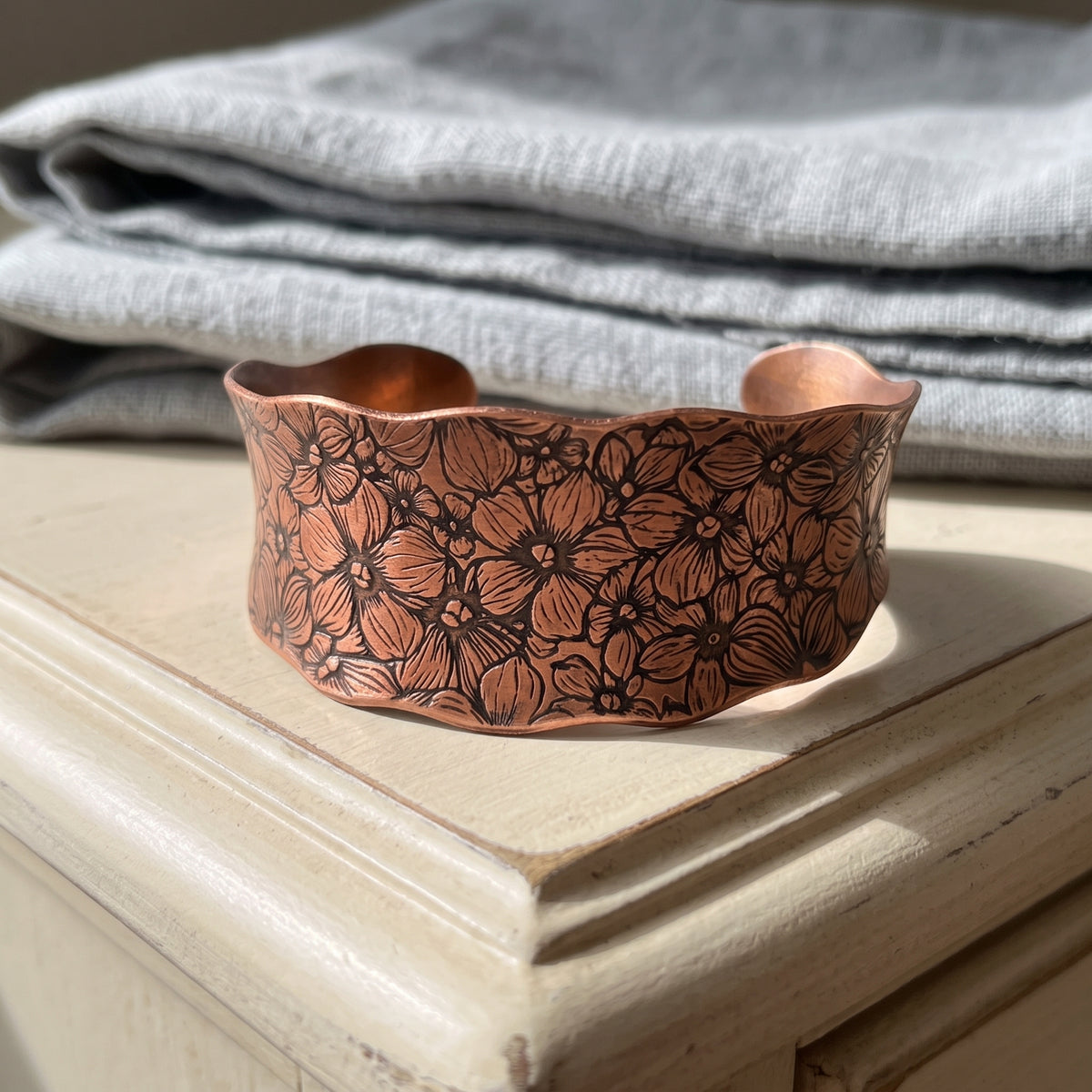 Flower Garden Copper Cuff Bracelet  wide handmade