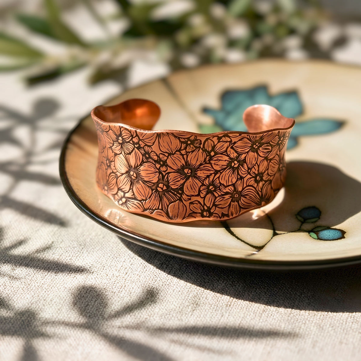 Flower Garden Copper Cuff Bracelet  wide handmade