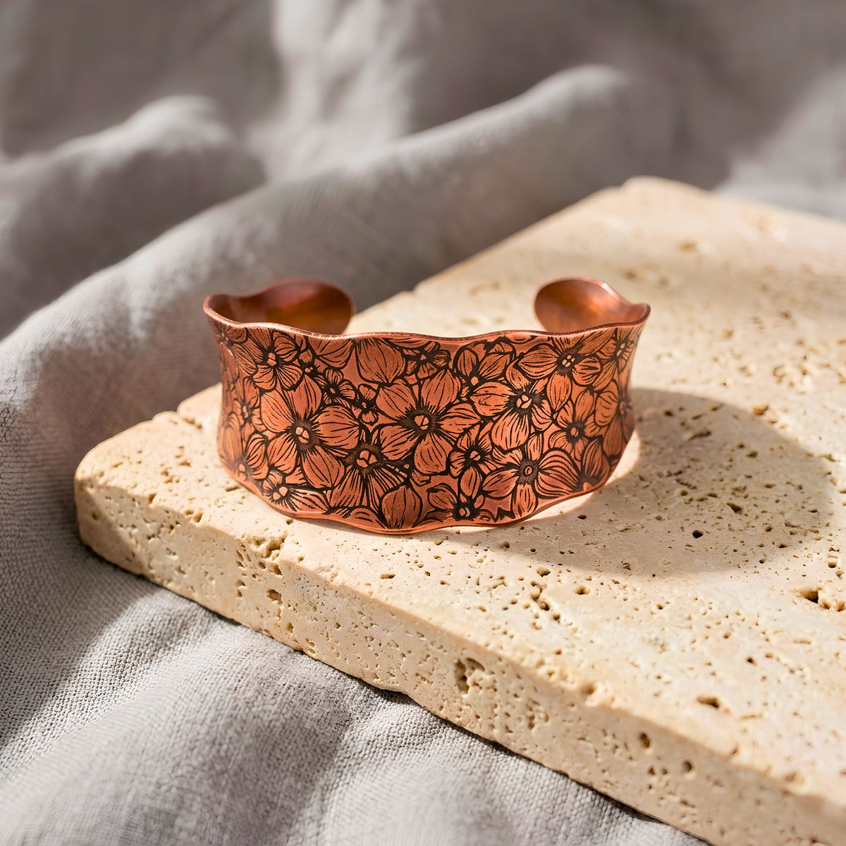 Flower Garden Copper Cuff Bracelet  wide handmade