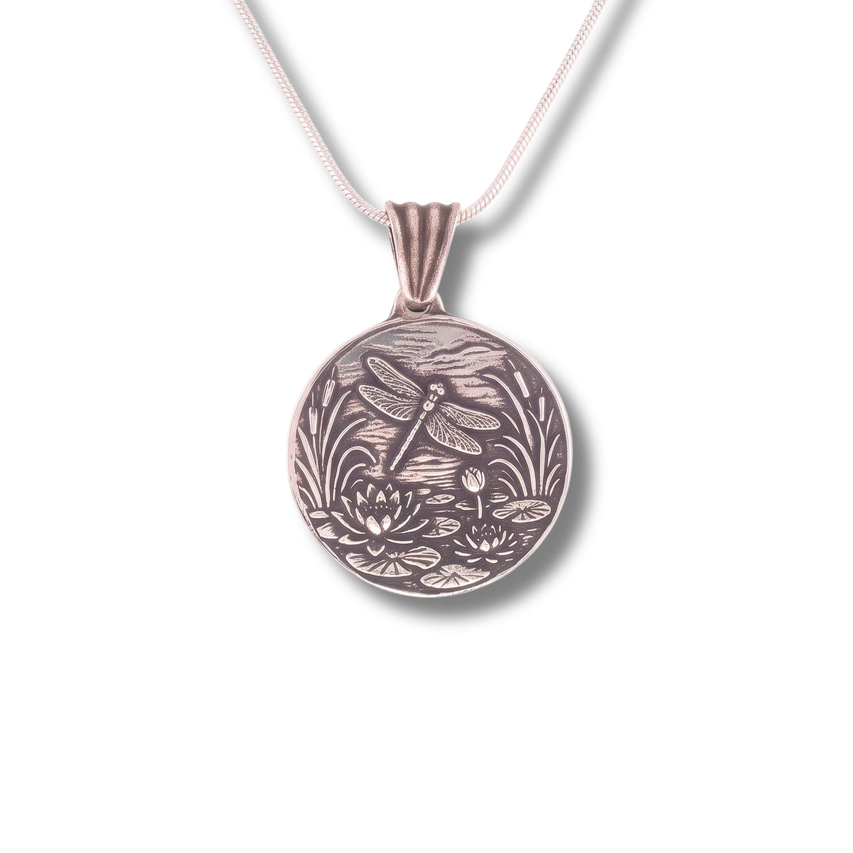 Artisan Dragonfly Jewelry Handmade Fine Silver Pendant Lotus Flower Design Nature Inspired Necklace One Inch Round Medallion Black Leather Cord Sterling Silver Chain Tigers Eye Beads Bohemian Style Accessory Spiritual Symbol Gift Elegant