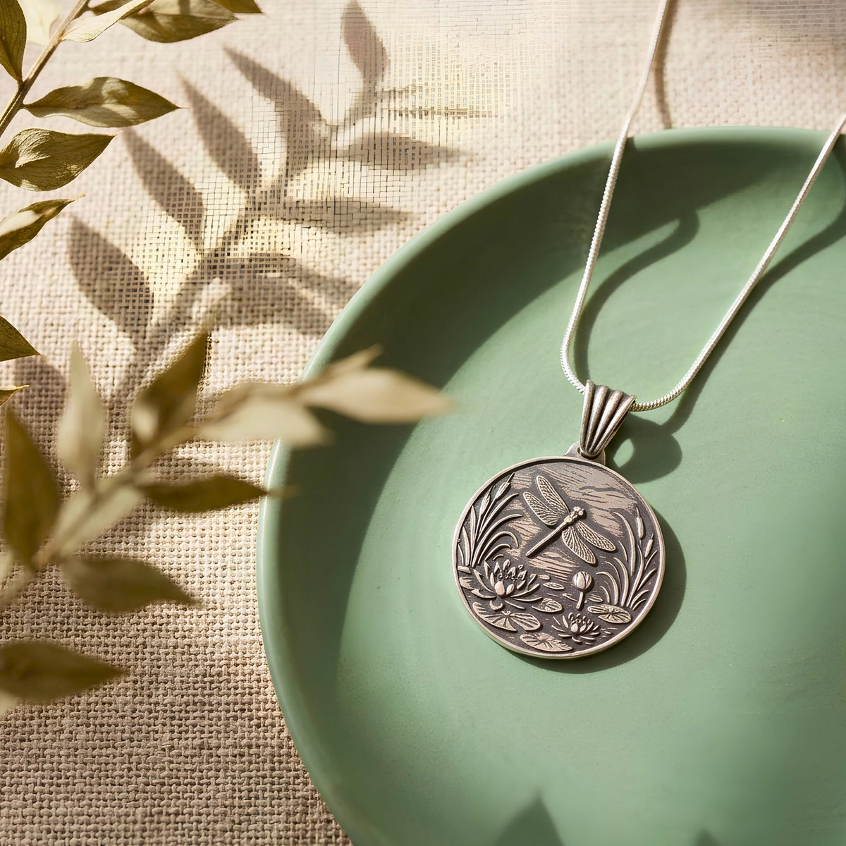 Artisan Dragonfly Jewelry Handmade Fine Silver Pendant Lotus Flower Design Nature Inspired Necklace One Inch Round Medallion Black Leather Cord Sterling Silver Chain Tigers Eye Beads Bohemian Style Accessory Spiritual Symbol Gift Elegant