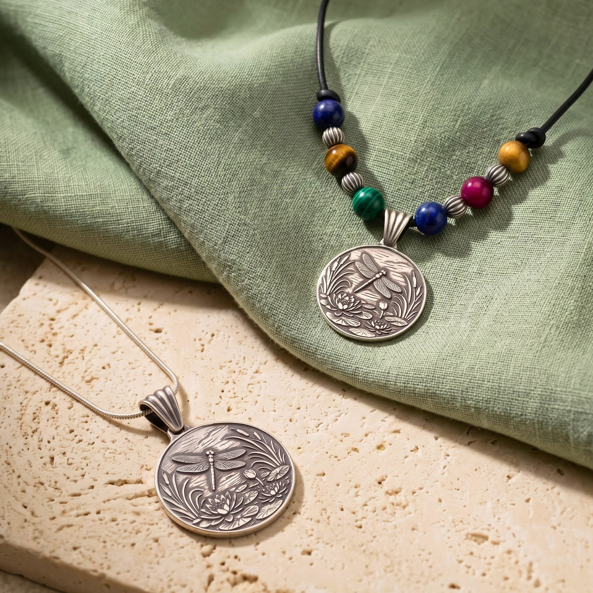 Artisan Dragonfly Jewelry Handmade Fine Silver Pendant Lotus Flower Design Nature Inspired Necklace One Inch Round Medallion Black Leather Cord Sterling Silver Chain Tigers Eye Beads Bohemian Style Accessory Spiritual Symbol Gift Elegant