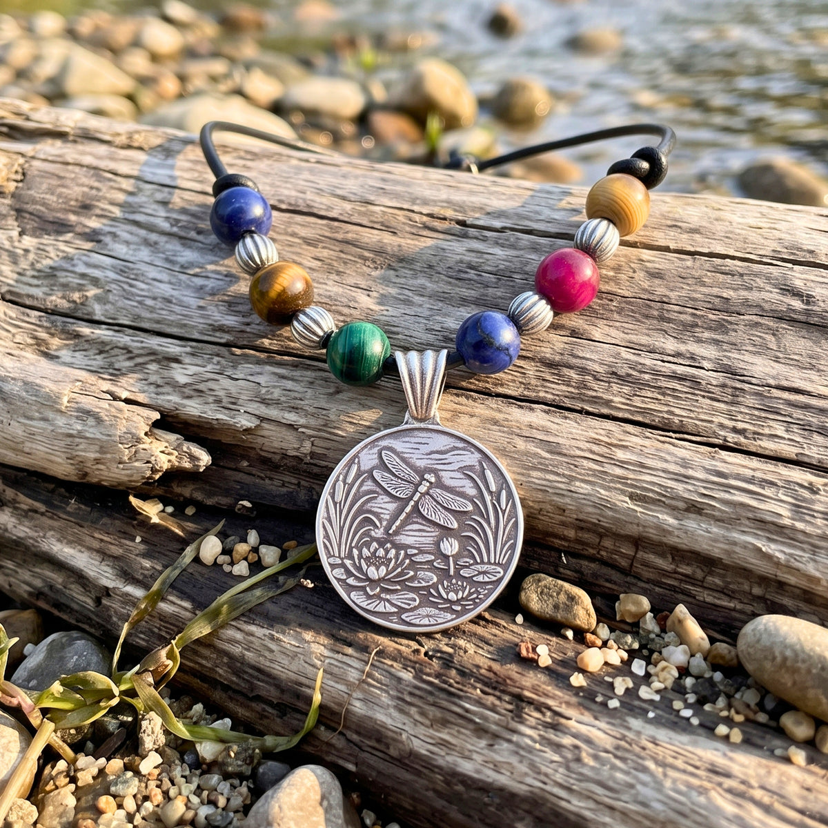 Artisan Dragonfly Jewelry Handmade Fine Silver Pendant Lotus Flower Design Nature Inspired Necklace One Inch Round Medallion Black Leather Cord Sterling Silver Chain Tigers Eye Beads Bohemian Style Accessory Spiritual Symbol Gift Elegant