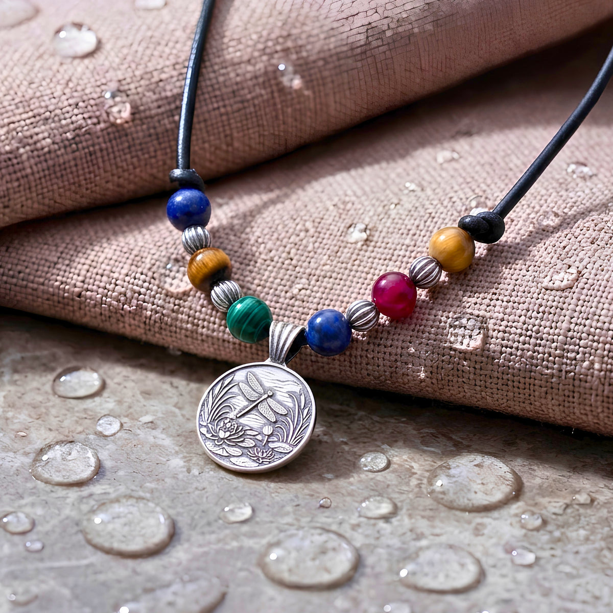 Artisan Dragonfly Jewelry Handmade Fine Silver Pendant Lotus Flower Design Nature Inspired Necklace One Inch Round Medallion Black Leather Cord Sterling Silver Chain Tigers Eye Beads Bohemian Style Accessory Spiritual Symbol Gift Elegant