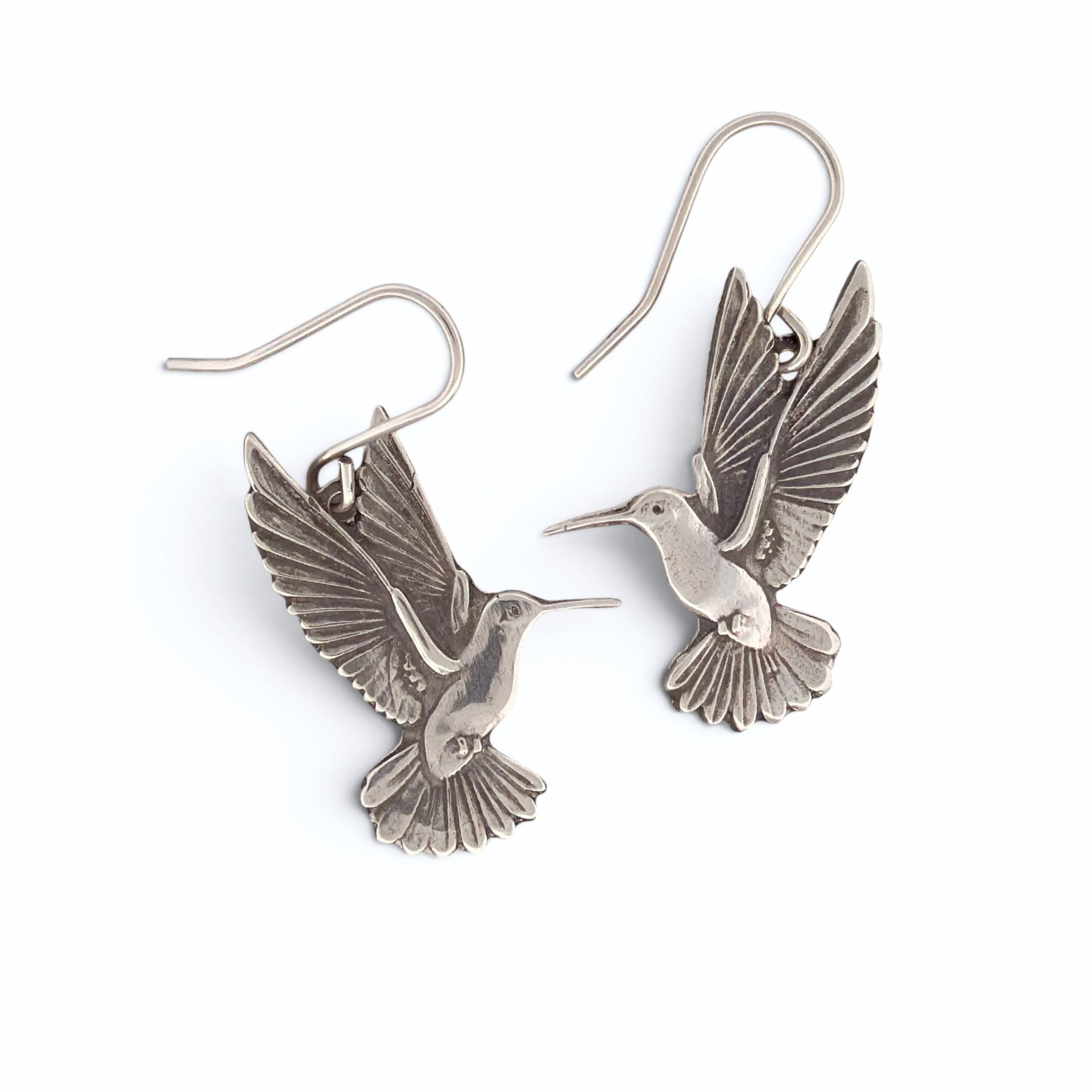 Handmade Sterling Silver Hummingbird Earrings Dangle Style Bird Lover Gift Perfect Nature Enthusiast Present Fine Silver Charms Detailed Wing Feather Engravings Antiqued Finish Lightweight Comfortable Daily Wear Jewelry Artisan Crafted