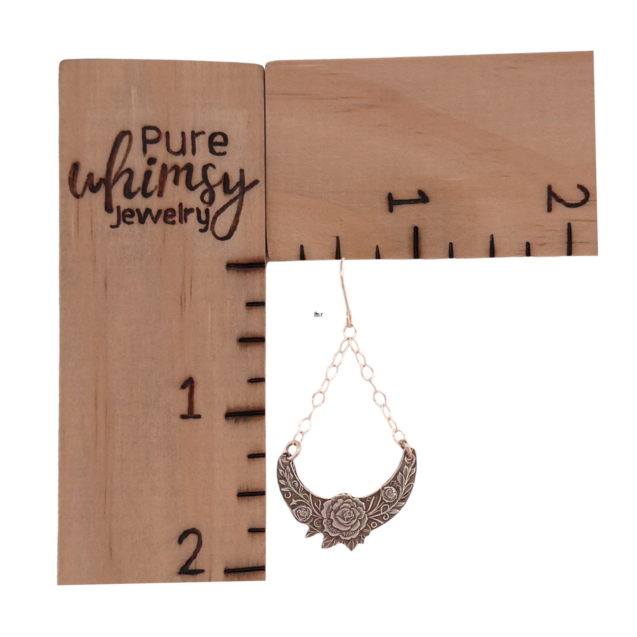 Crescent Moon Earrings Handmade Silver Jewelry Fine Silver Crescents Sterling Chain Lightweight Dangle Style Floral Rose Leaf Design Botanical Pattern Nature Inspired Celestial Accessories Boho Fashion Statement Argentium Ear Wires
