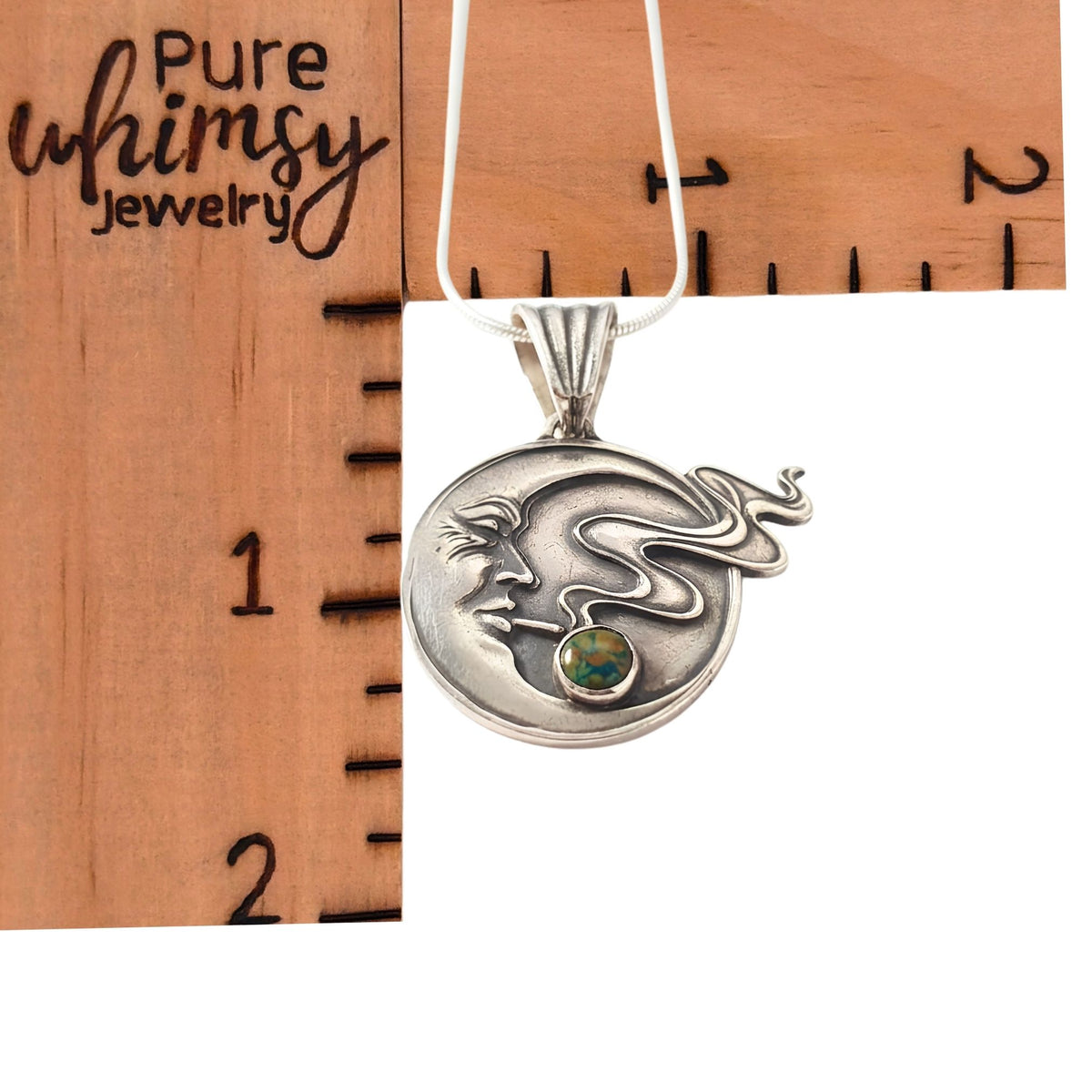 Moon Face Pendant Necklace – Handmade Celestial Silver with Black Opal