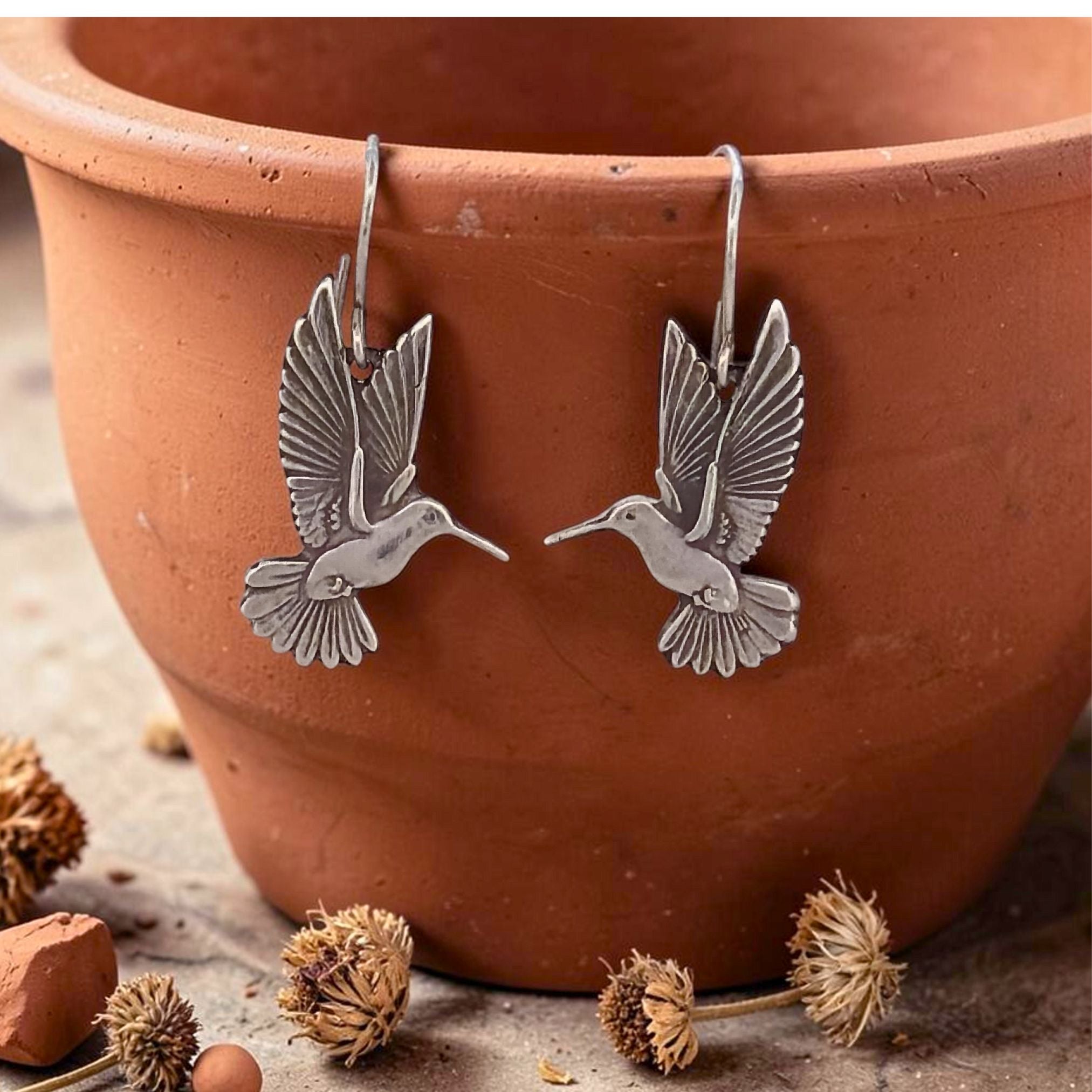 Handmade Sterling Silver Hummingbird Earrings Dangle Style Bird Lover Gift Perfect Nature Enthusiast Present Fine Silver Charms Detailed Wing Feather Engravings Antiqued Finish Lightweight Comfortable Daily Wear Jewelry Artisan Crafted