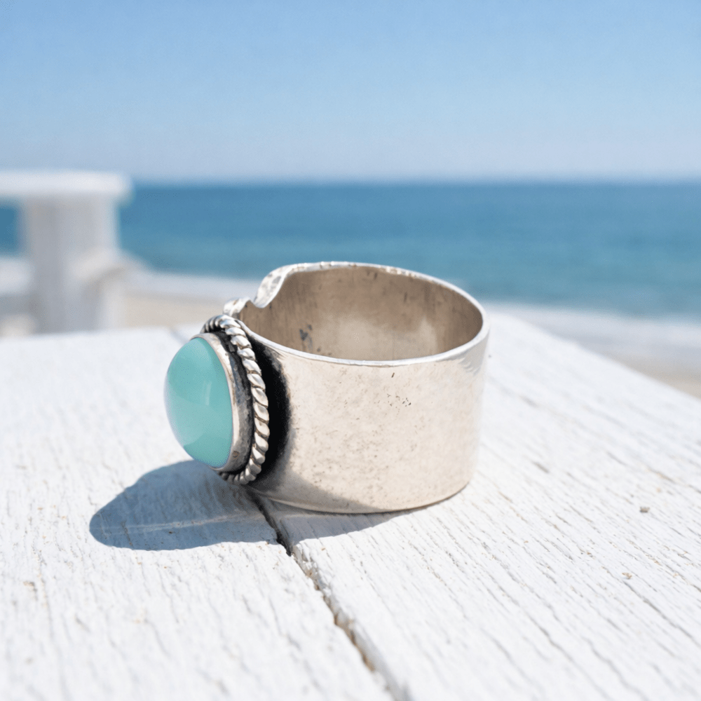 Adjustable Aqua Chalcedony Starfish Silver Ring - 