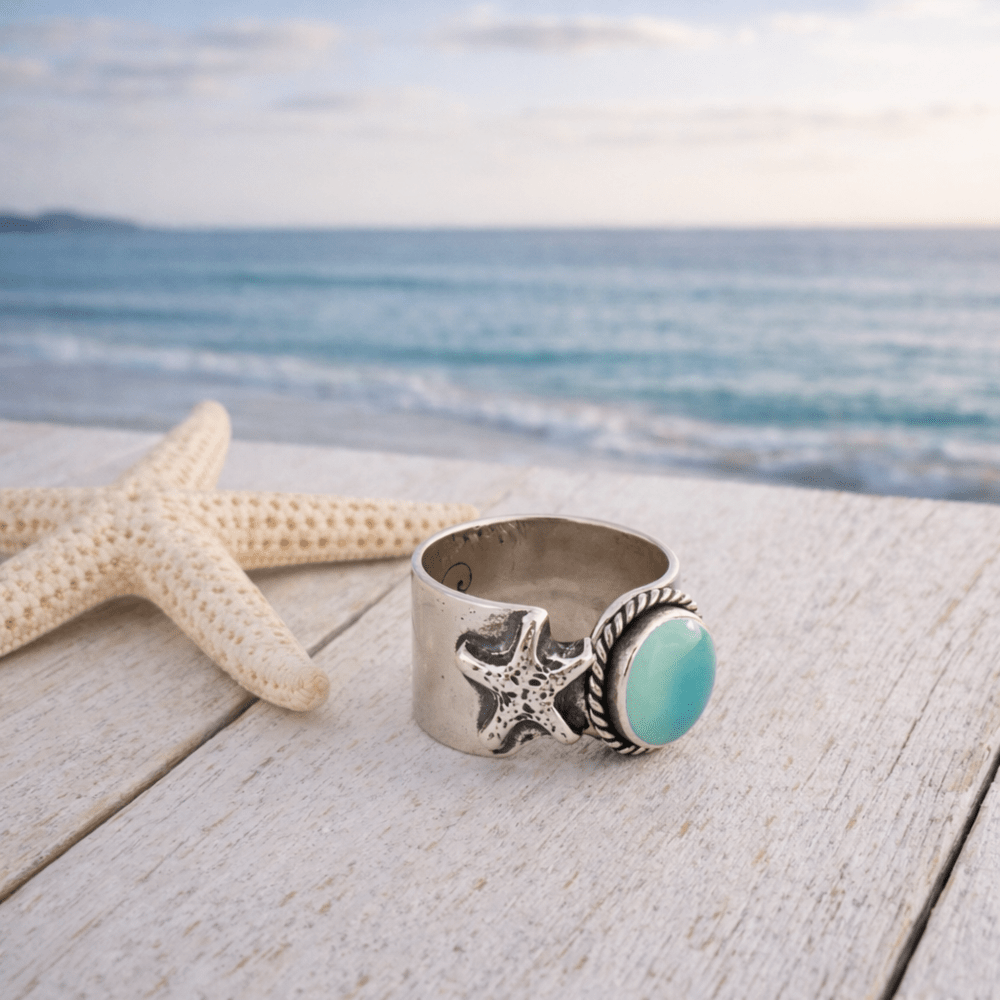Adjustable Aqua Chalcedony Starfish Silver Ring - 