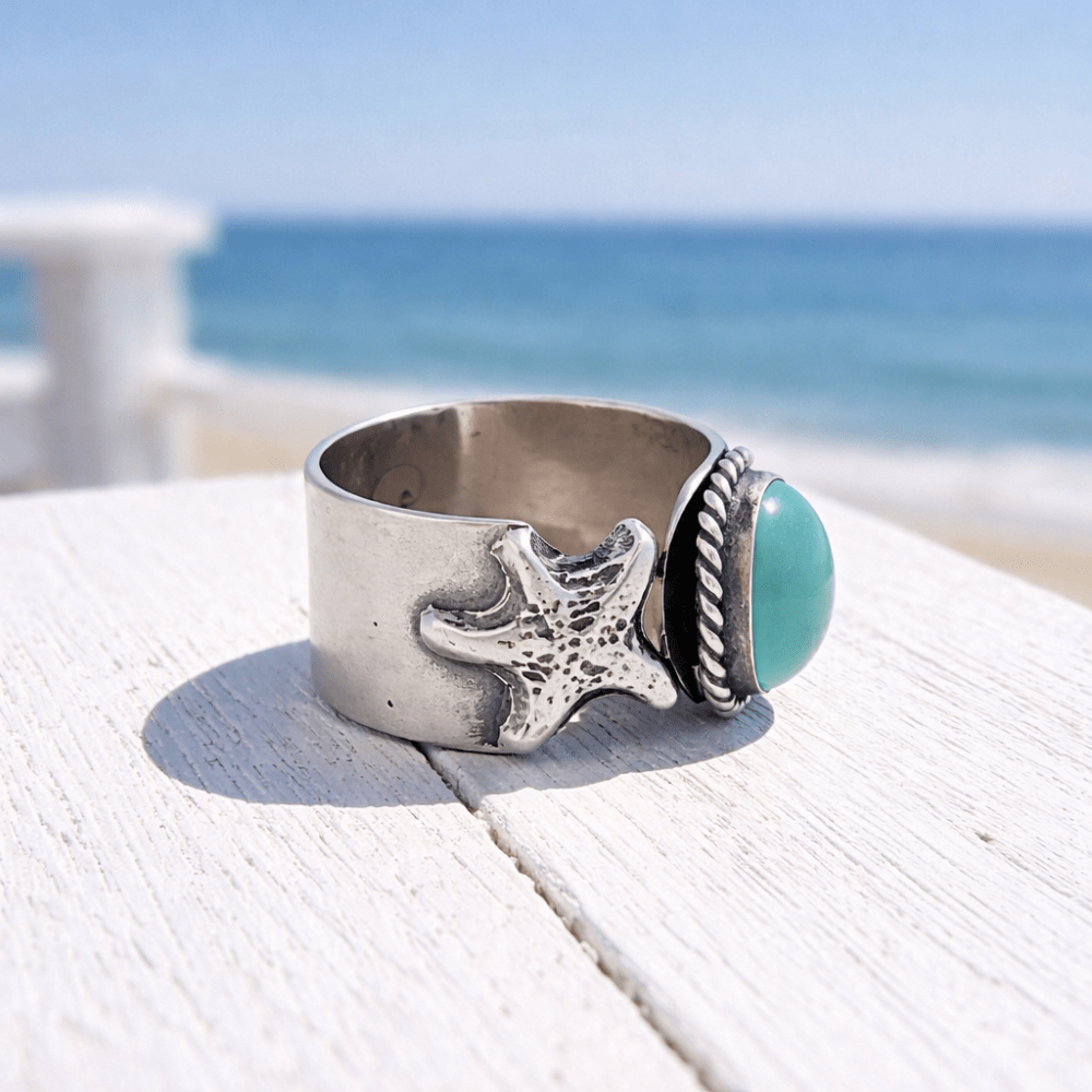 Adjustable Aqua Chalcedony Starfish Silver Ring - 