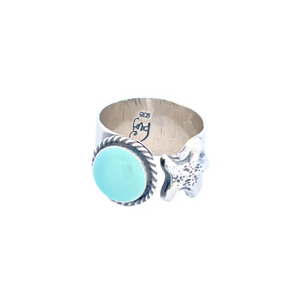 Adjustable Aqua Chalcedony Starfish Silver Ring - 
