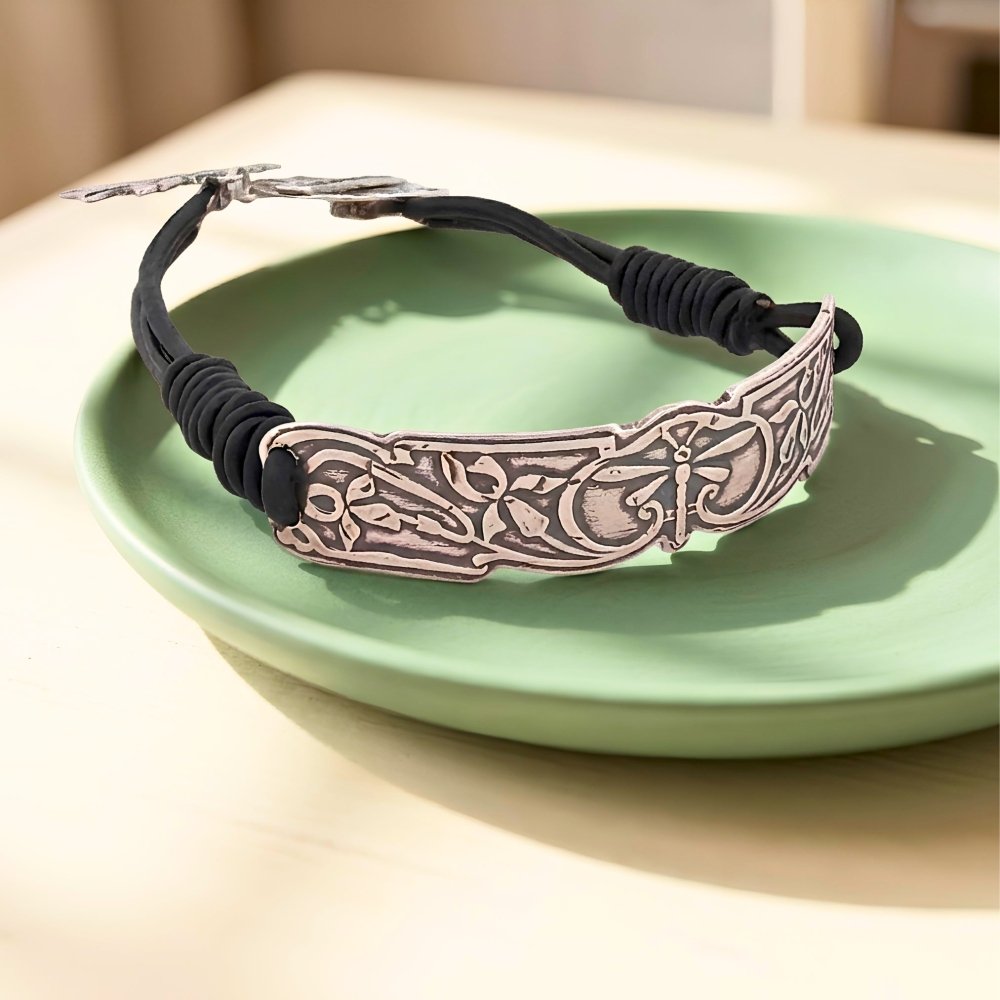 Boho Silver Dragonfly Leather Bracelet -