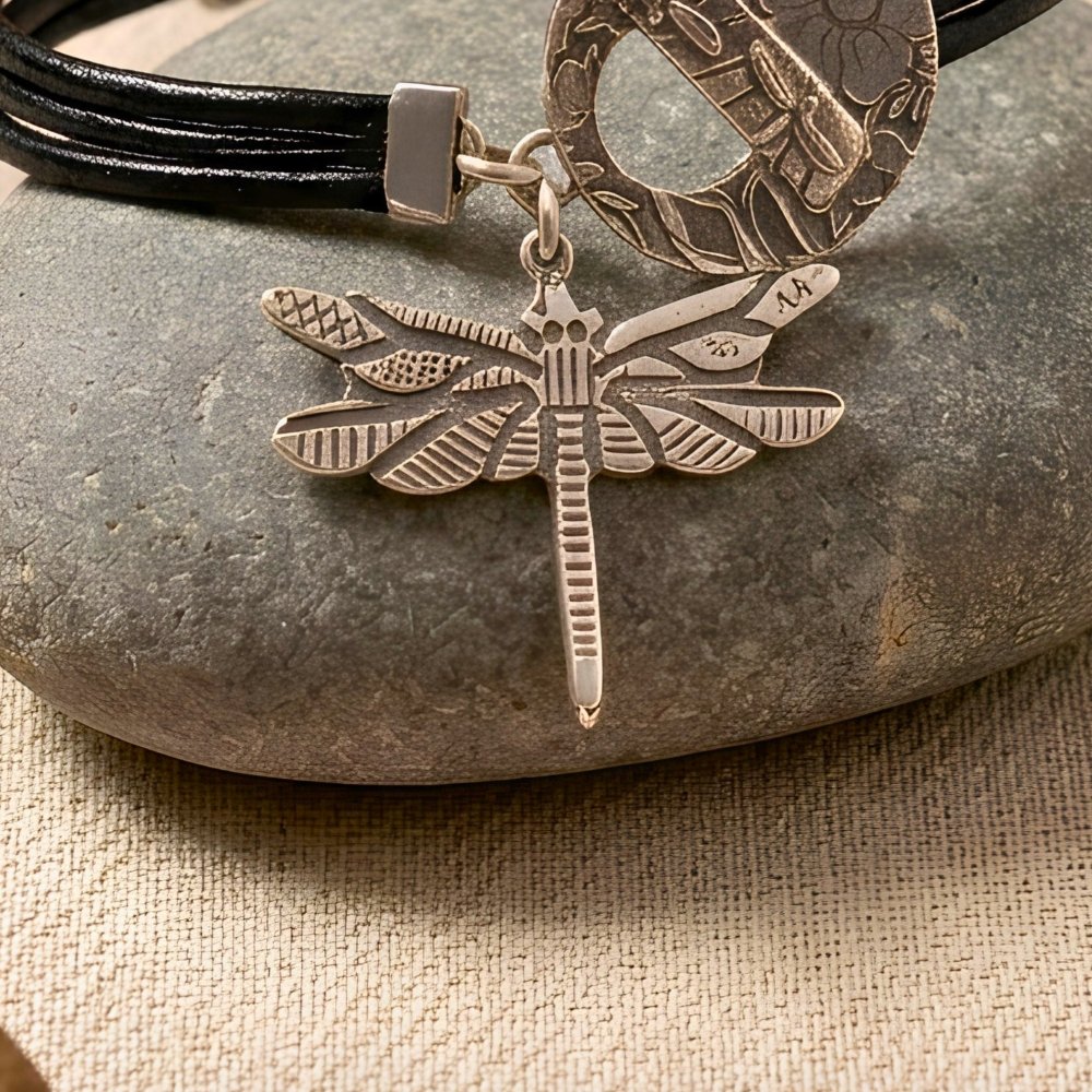 Boho Silver Dragonfly Leather Bracelet -