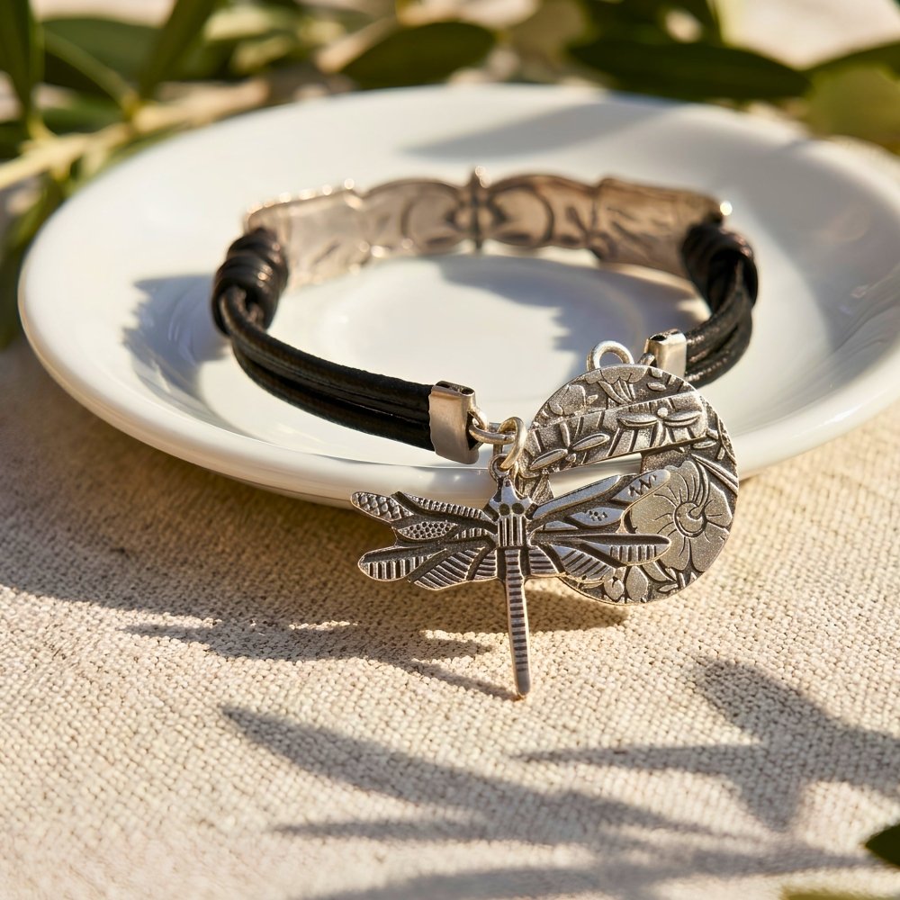 Boho Silver Dragonfly Leather Bracelet -
