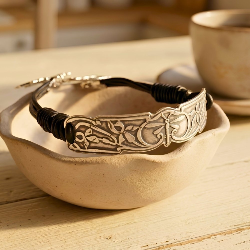Boho Silver Dragonfly Leather Bracelet -