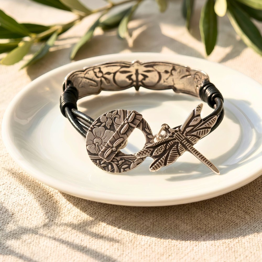 Boho Silver Dragonfly Leather Bracelet -