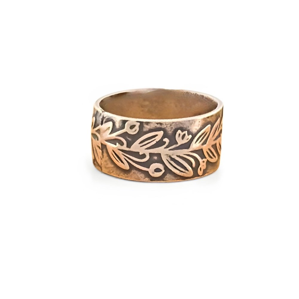 Budding Flowers And Leaves Silver Band Ring - 
