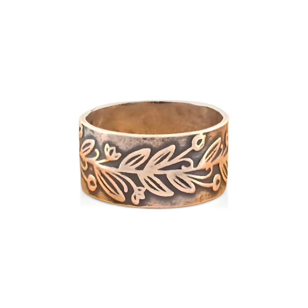 Budding Flowers And Leaves Silver Band Ring - 
