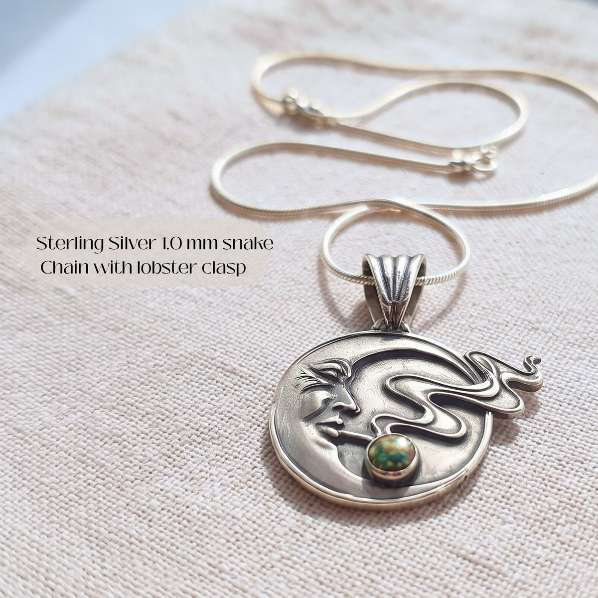 Handmade Moon Face Necklace Fine Silver Crescent Design Celestial Jewelry Black Opal Gemstone Accent Artisan Crafted Pendant Bohemian Style Wind Blowing Detail Snake Chain Option Leather Cord Available Witchy Aesthetic Moon Goddess Gift
