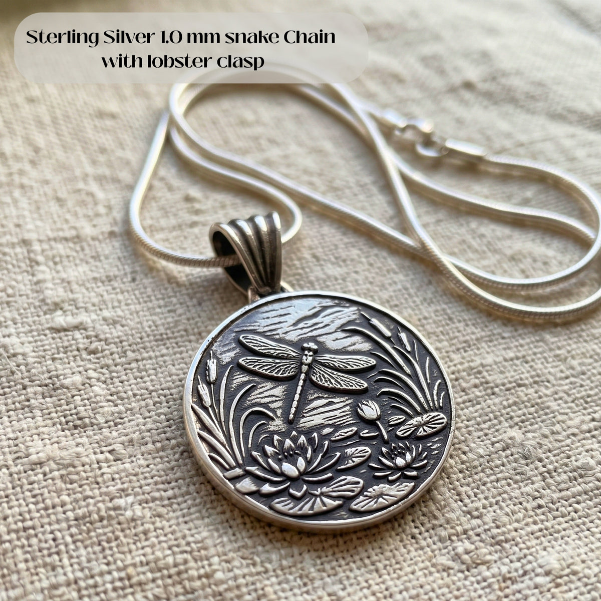 Artisan Dragonfly Jewelry Handmade Fine Silver Pendant Lotus Flower Design Nature Inspired Necklace One Inch Round Medallion Black Leather Cord Sterling Silver Chain Tigers Eye Beads Bohemian Style Accessory Spiritual Symbol Gift Elegant