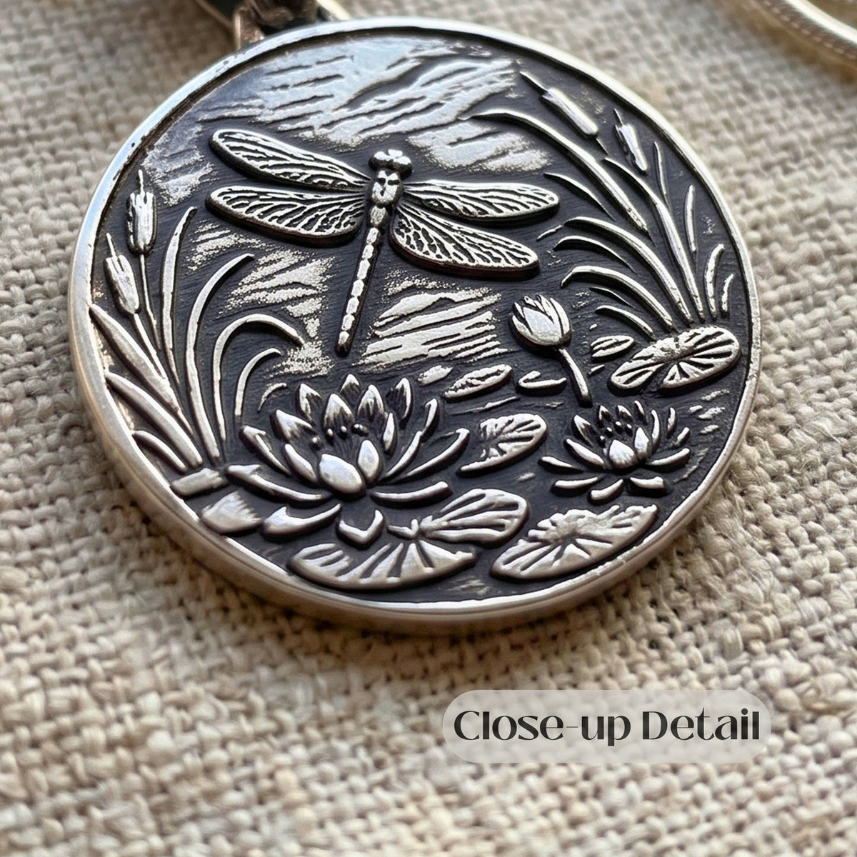 Artisan Dragonfly Jewelry Handmade Fine Silver Pendant Lotus Flower Design Nature Inspired Necklace One Inch Round Medallion Black Leather Cord Sterling Silver Chain Tigers Eye Beads Bohemian Style Accessory Spiritual Symbol Gift Elegant