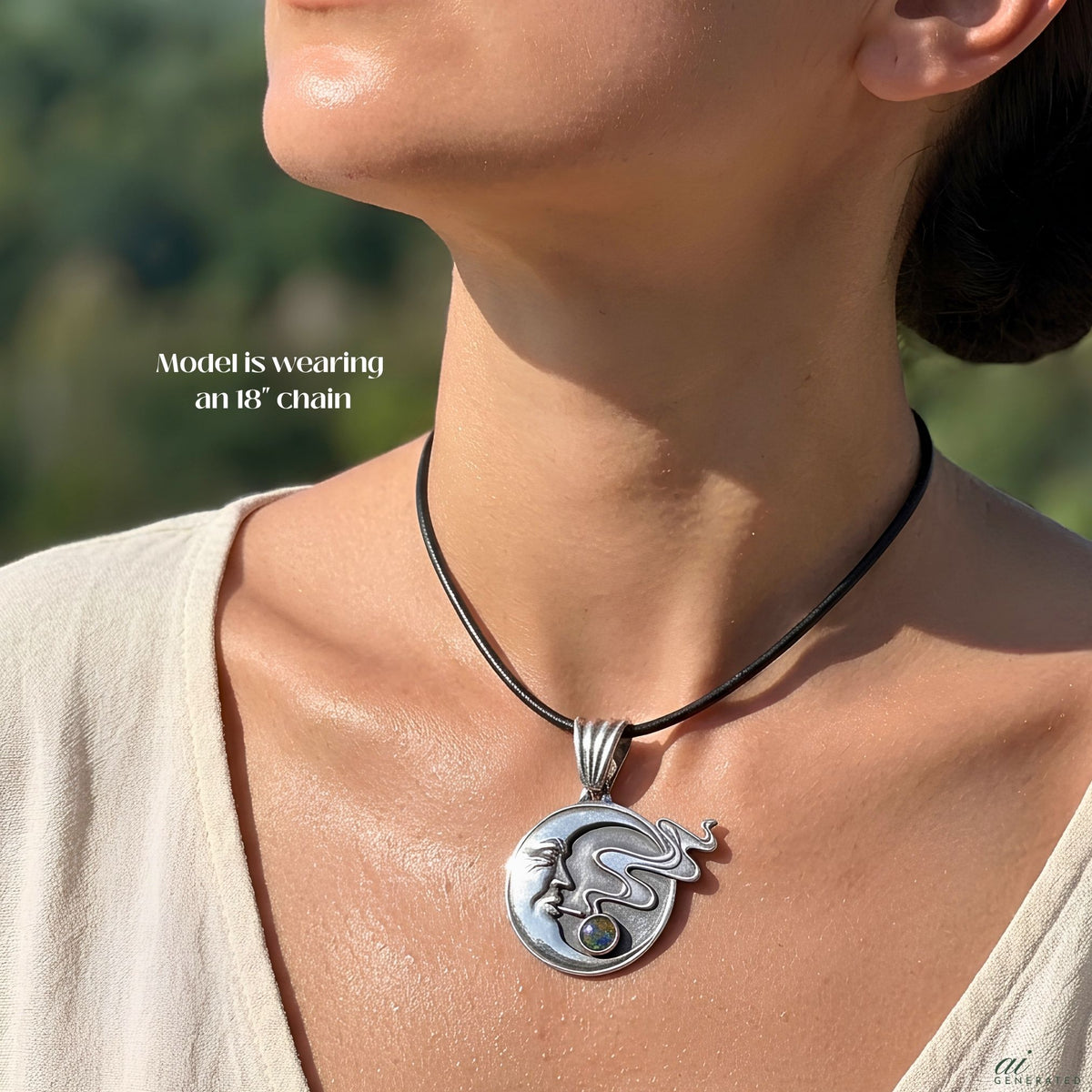 Handmade Moon Face Necklace Fine Silver Crescent Design Celestial Jewelry Black Opal Gemstone Accent Artisan Crafted Pendant Bohemian Style Wind Blowing Detail Snake Chain Option Leather Cord Available Witchy Aesthetic Moon Goddess Gift
