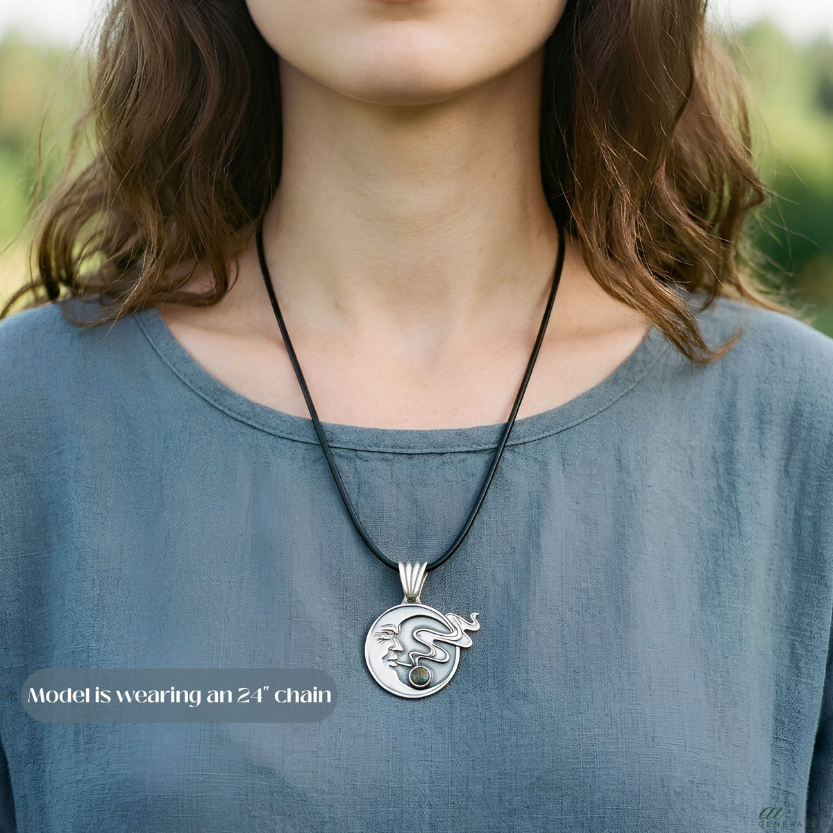 Handmade Moon Face Necklace Fine Silver Crescent Design Celestial Jewelry Black Opal Gemstone Accent Artisan Crafted Pendant Bohemian Style Wind Blowing Detail Snake Chain Option Leather Cord Available Witchy Aesthetic Moon Goddess Gift