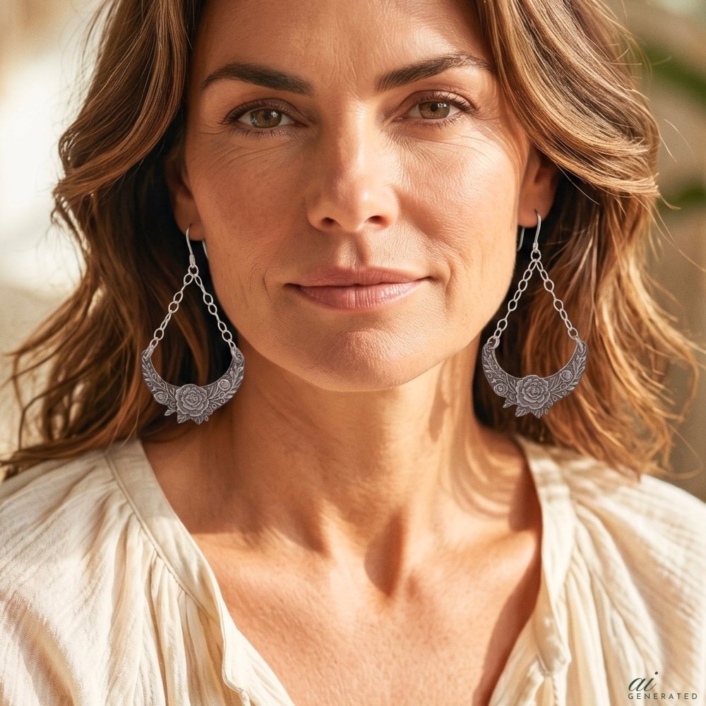 Crescent Moon Floral Silver Earrings – Handmade Dangle Lightweight Boho -
