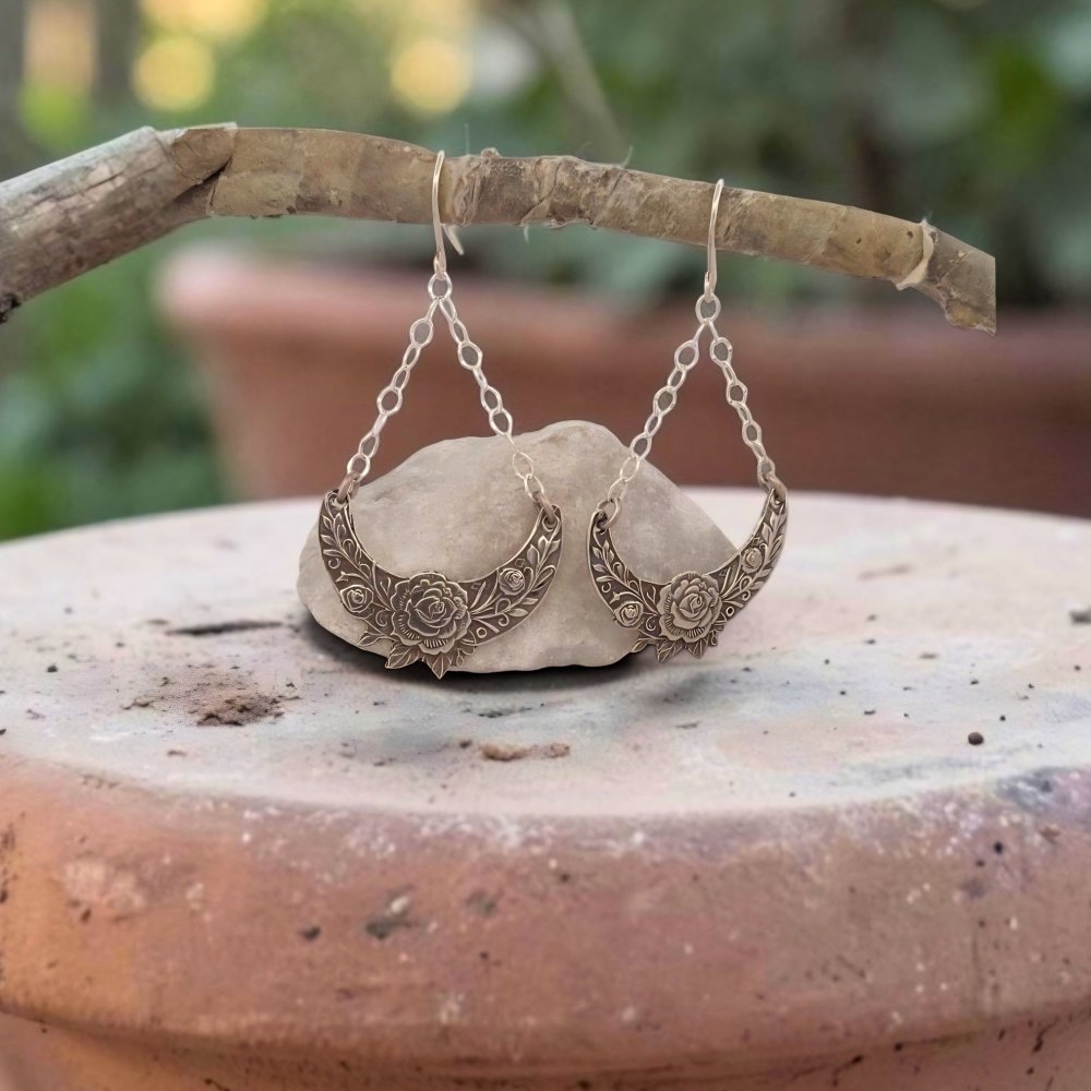Crescent Moon Floral Silver Earrings – Handmade Dangle Lightweight Boho -