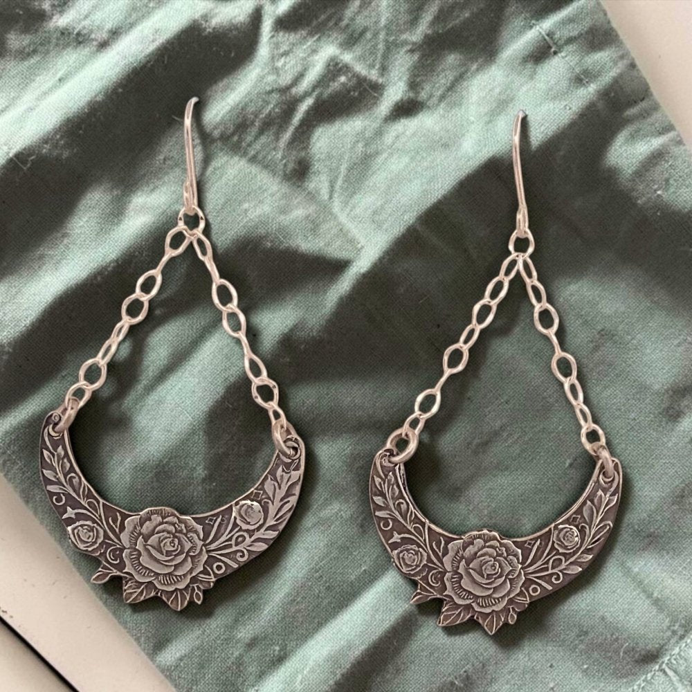 Crescent Moon Floral Silver Earrings – Handmade Dangle Lightweight Boho -
