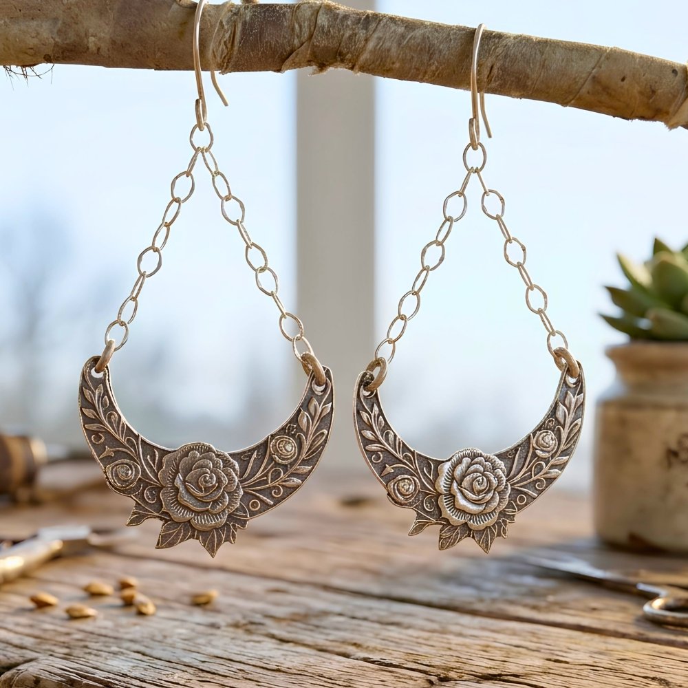 Crescent Moon Floral Silver Earrings – Handmade Dangle Lightweight Boho -