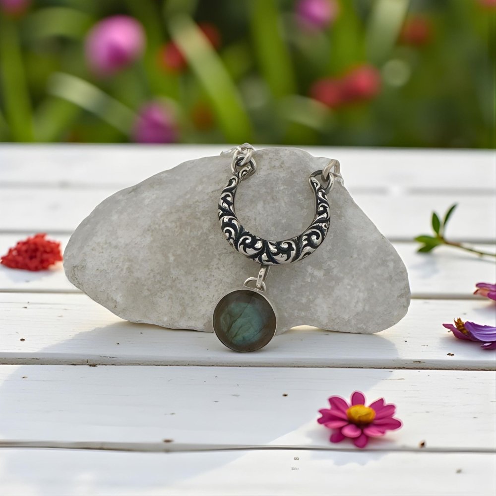 Crescent Moon Labradorite Silver Necklace - 