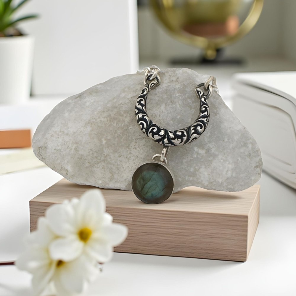 Crescent Moon Labradorite Silver Necklace - 
