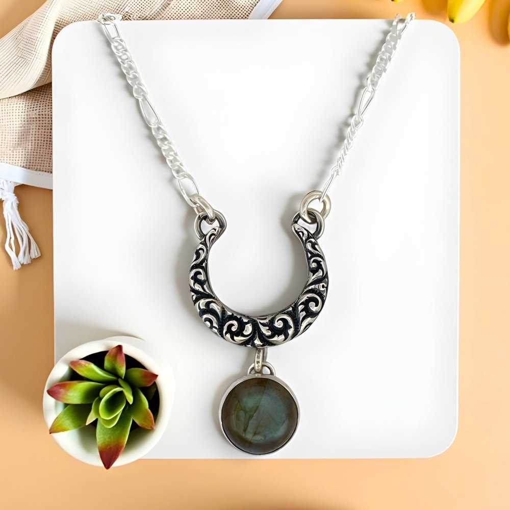 Crescent Moon Labradorite Silver Necklace - 