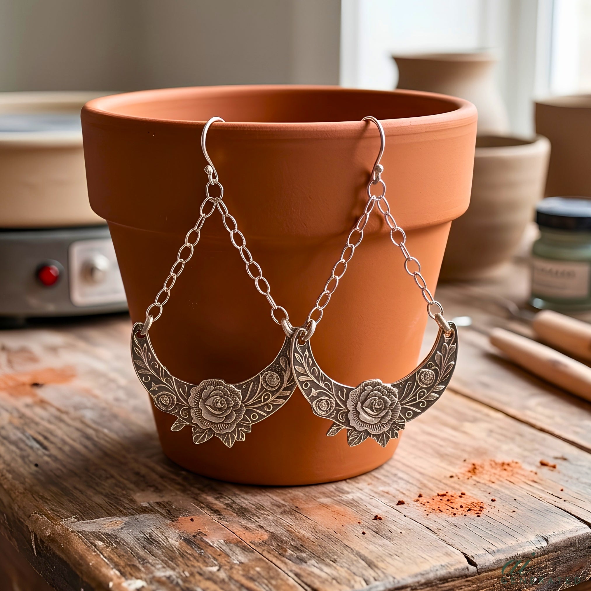 Crescent Moon Earrings Handmade Silver Jewelry Fine Silver Crescents Sterling Chain Lightweight Dangle Style Floral Rose Leaf Design Botanical Pattern Nature Inspired Celestial Accessories Boho Fashion Statement Argentium Ear Wires