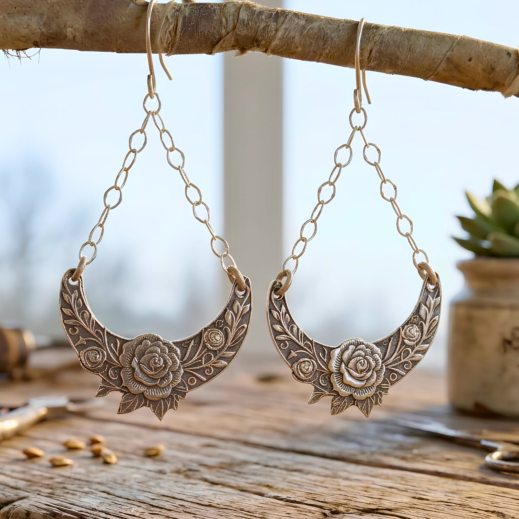 Crescent Moon Earrings Handmade Silver Jewelry Fine Silver Crescents Sterling Chain Lightweight Dangle Style Floral Rose Leaf Design Botanical Pattern Nature Inspired Celestial Accessories Boho Fashion Statement Argentium Ear Wires