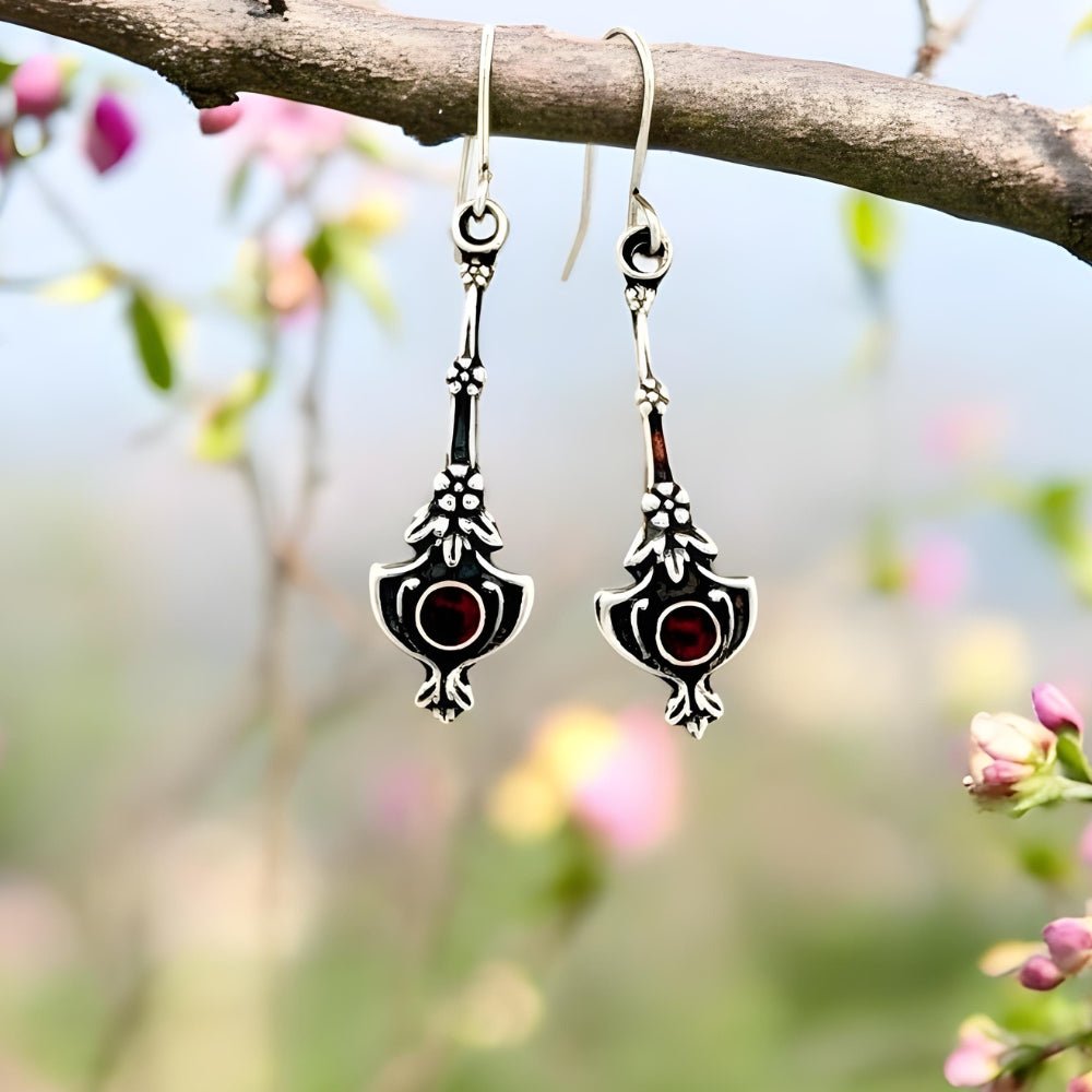 Delicate Silver Flower Garnet Earrings - 