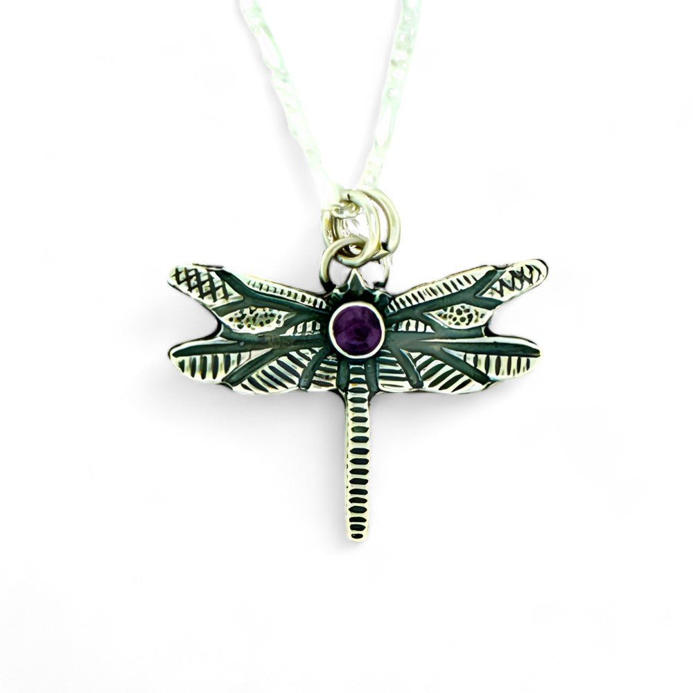 Dragonfly Amethyst Silver Pendant Necklace - 
