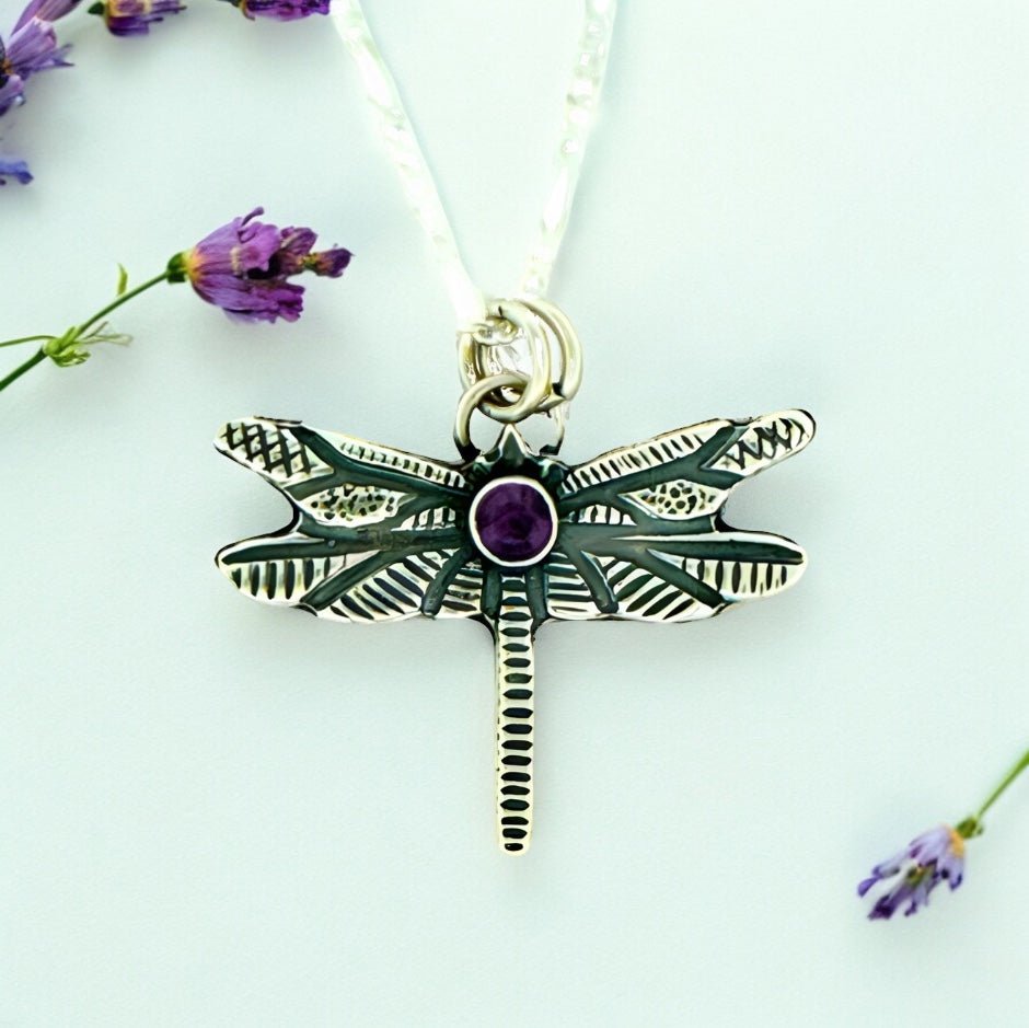 Dragonfly Amethyst Silver Pendant Necklace - 