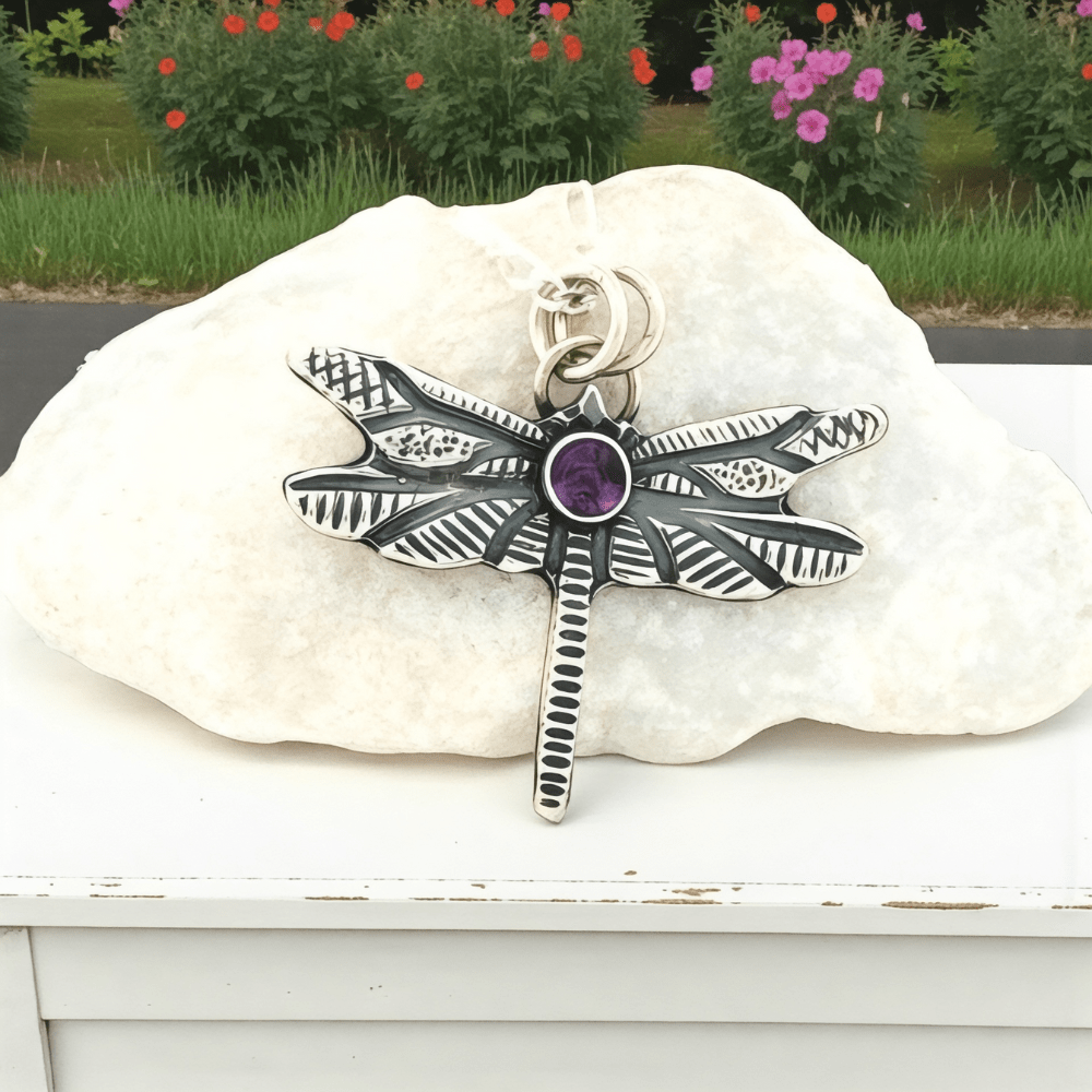 Dragonfly Amethyst Silver Pendant Necklace - 