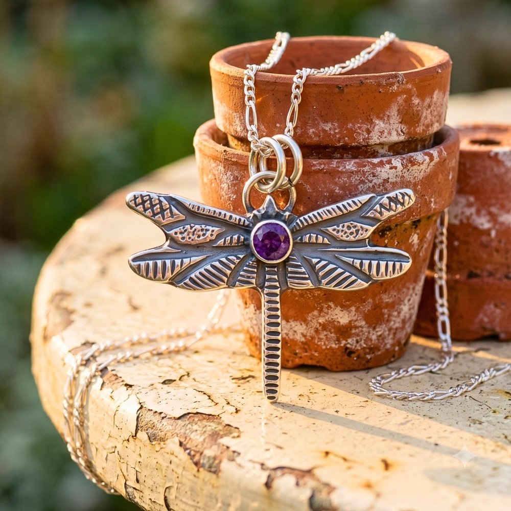 Dragonfly Amethyst Silver Pendant Necklace -