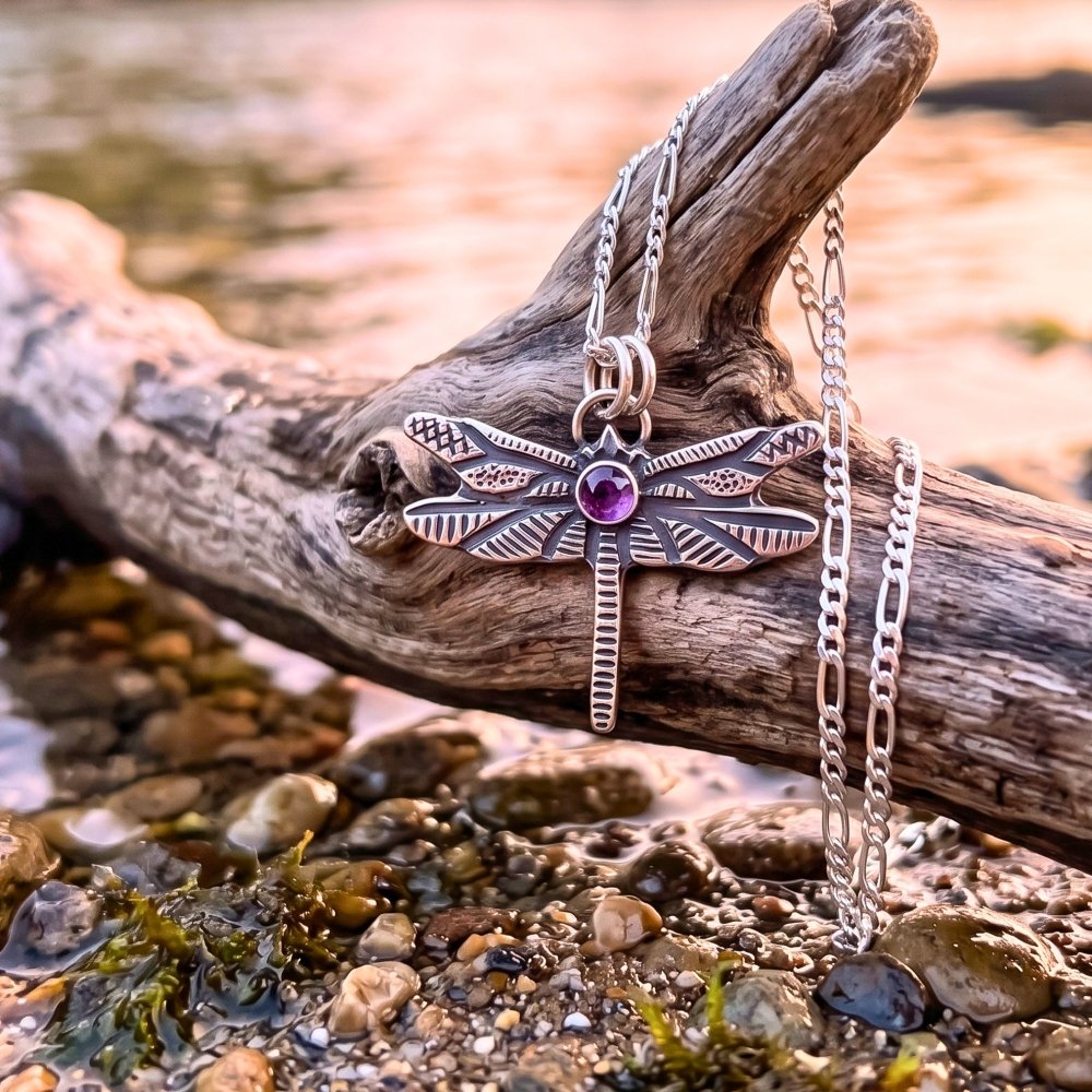 Dragonfly Amethyst Silver Pendant Necklace -