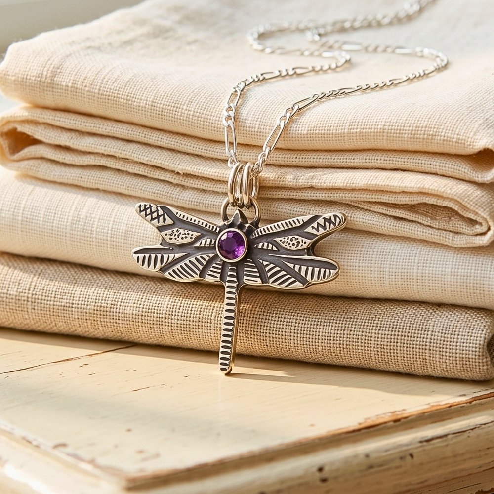 Dragonfly Amethyst Silver Pendant Necklace -