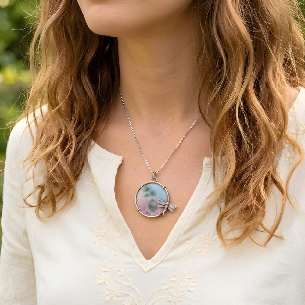 Dragonfly Necklace – Sterling Silver Enamel Flower Pendant - 