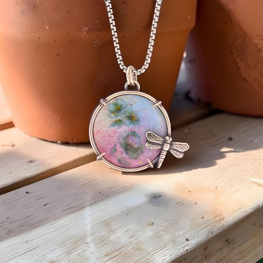 Dragonfly Necklace – Sterling Silver Enamel Flower Pendant - 