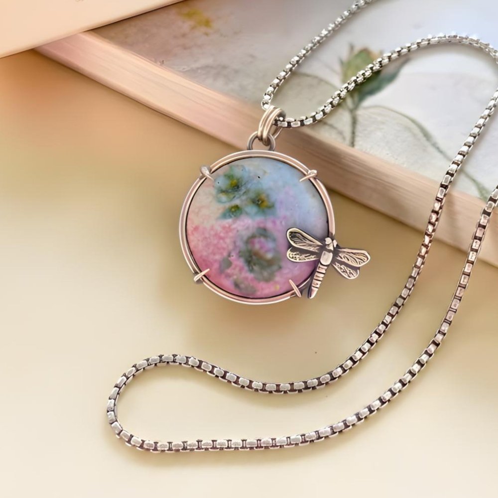 Dragonfly Necklace – Sterling Silver Enamel Flower Pendant - 