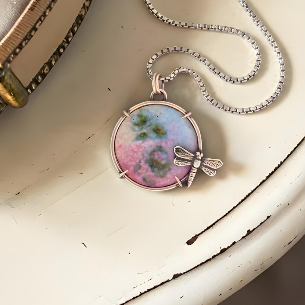 Dragonfly Necklace – Sterling Silver Enamel Flower Pendant - 